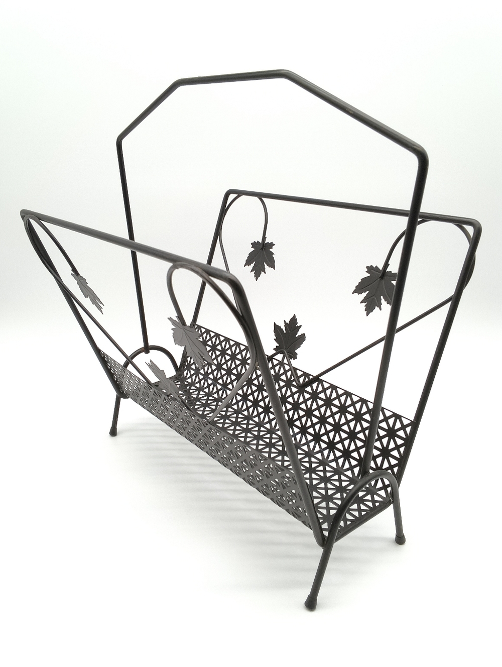 Vintage Mid-Century Modern Black Iron Maple Leaf Magazine Rack